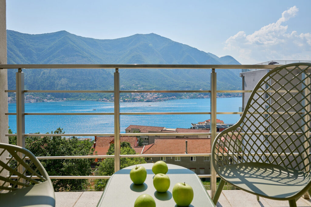 Panoramic Kotor Bay view from the balcony with furnuture - 2montenegro.me